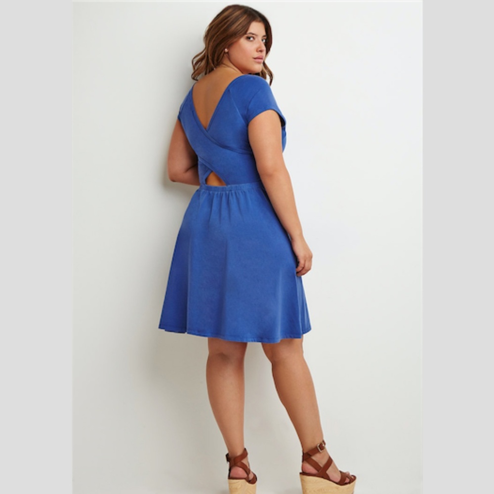 Blue Short Sleeve, Criss-Cross Back, Skater Dress